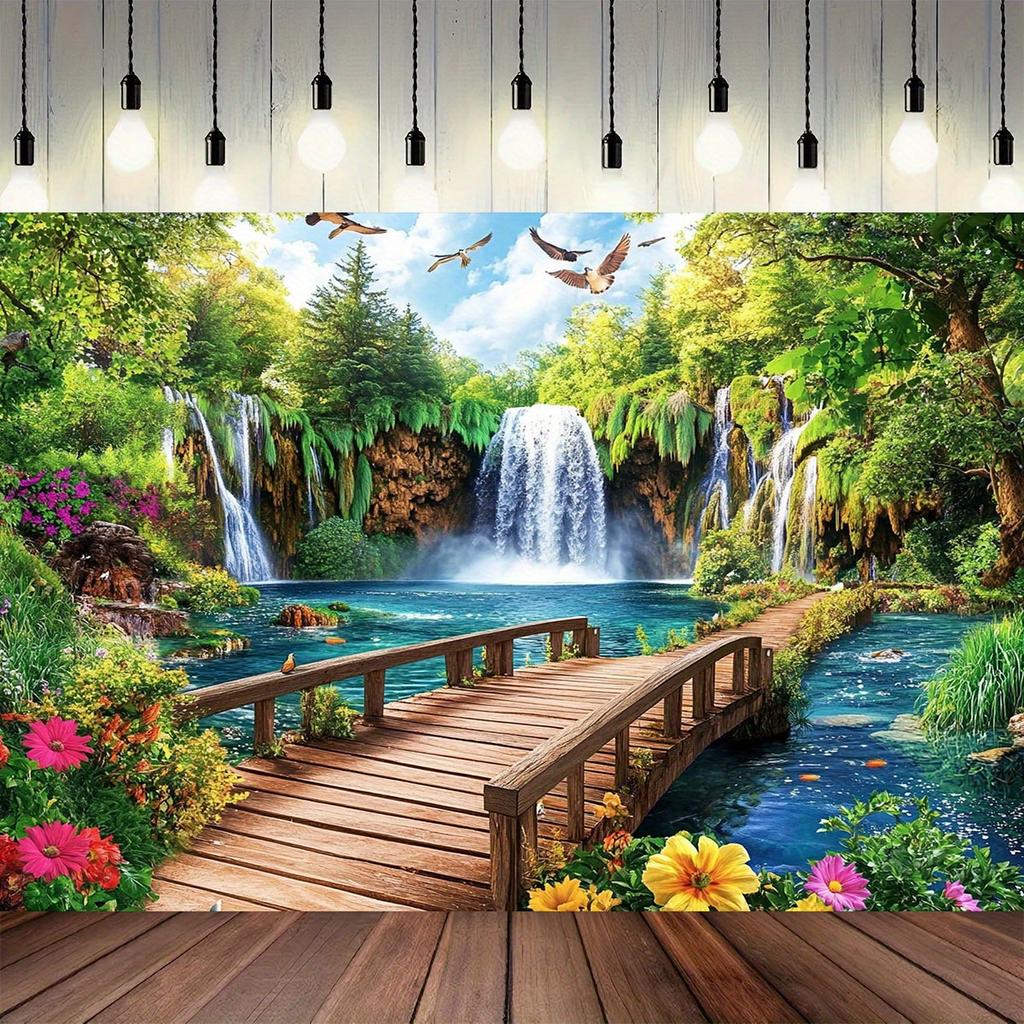 1pc 2D flat natural landscape polyester background Fabric - Waterfall, wooden bridge and forest design, natural decoration
