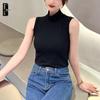 Женский облегающий хлопковый жилет без рукавов с полувысоким воротником - Летний топ однотонной расцветки