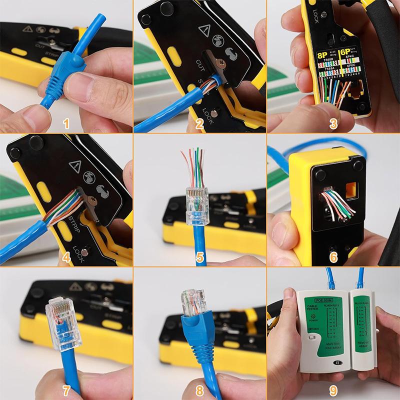 RJ45 Crimp Tool Kit Pass Through Cat6 Crimping Tool For Cat5 Cat5e Cat6 8P8C Connector, All-in-one Ethernet Crimper