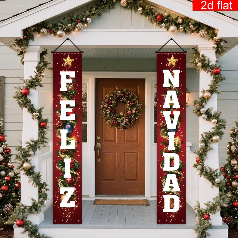 Merry Christmas Porch Sign Stars Baubles Tree Branch 1 Pair Polyester Indoor Outdoor Decor