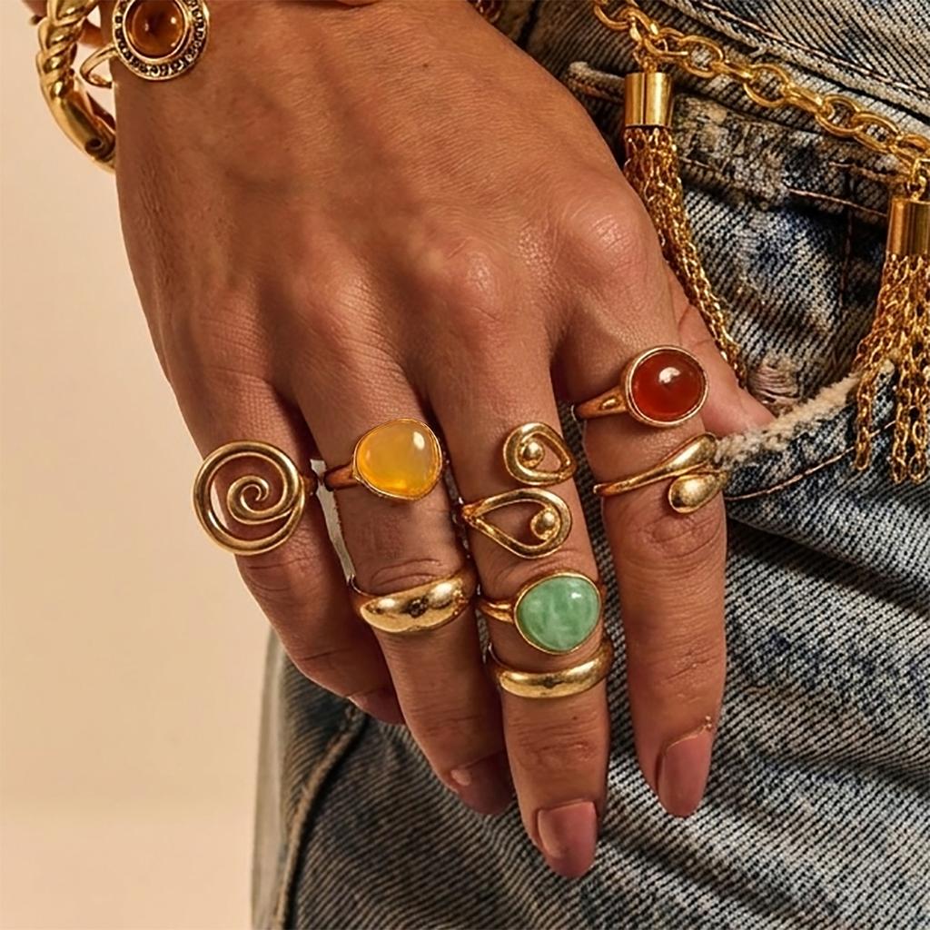 European and American irregular smudge gem ring set, retro ins threaded water drop hug ring hand jewelry