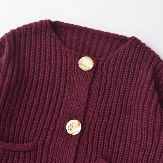 Женский свитер с круглым вырезом, длинный рукав, однобортный трикотажный свитер с карманами, однотонный кардиган