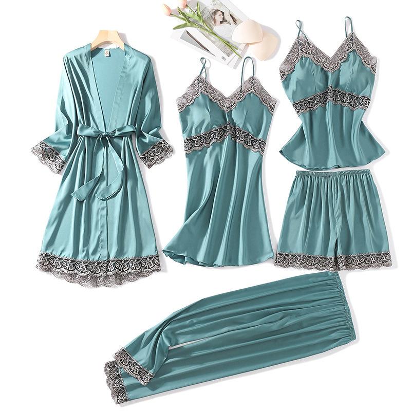 Spring and summer pajamas female sexy five-piece set silk thin with chest pad suspender nightdress women's nightgown homewear