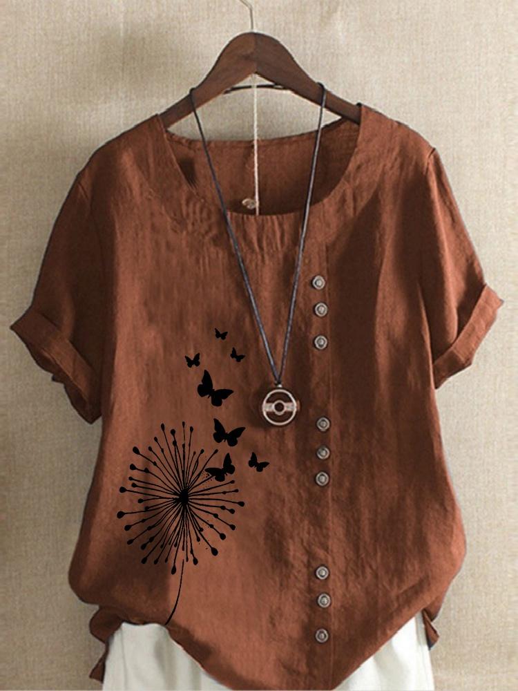 Summer Women's Dandelion Printed Short Sleeve Round Neck T-shirt Ladies Casual Linen Shirts Plus Size Blouse Tops XS-5XL