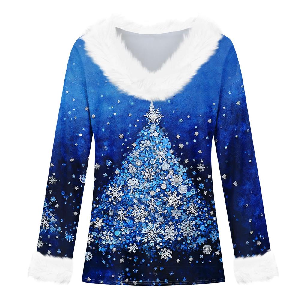 Женская мода с длинным рукавом и рождественским принтом для вечеринок, плюшевый повседневный топ с V-образным вырезом