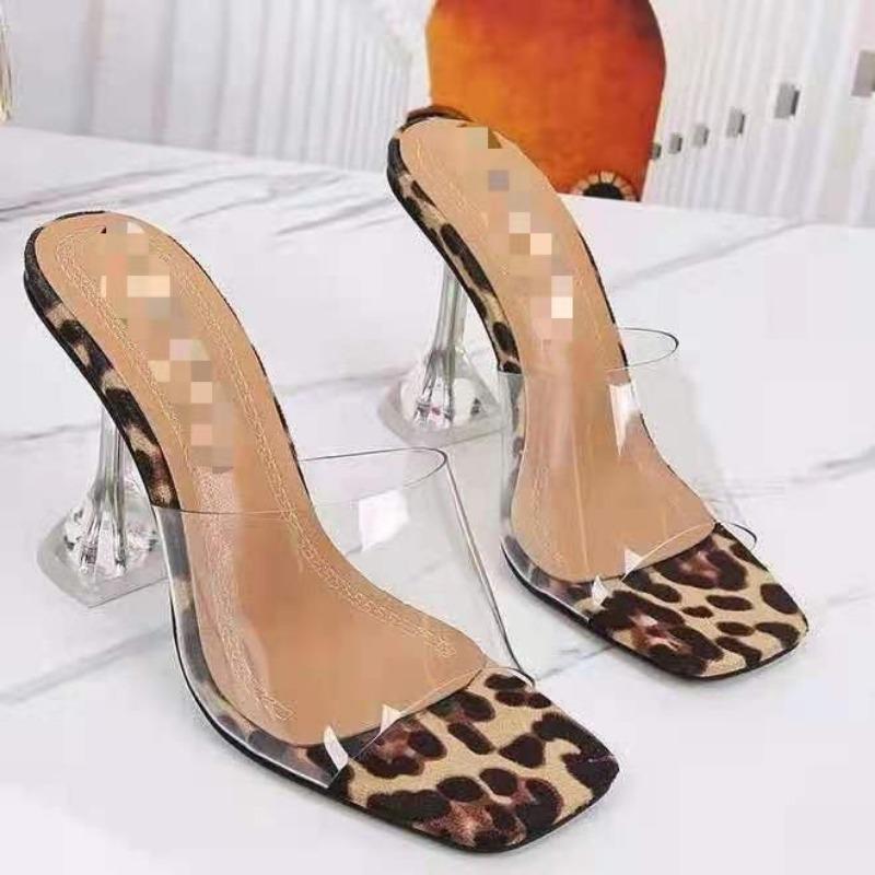 Summer Transparent High-heeled Cool Slippers Women's New One-word Open-toed Square Head Women's Shoes Large Size High-heeled Sandals Slip