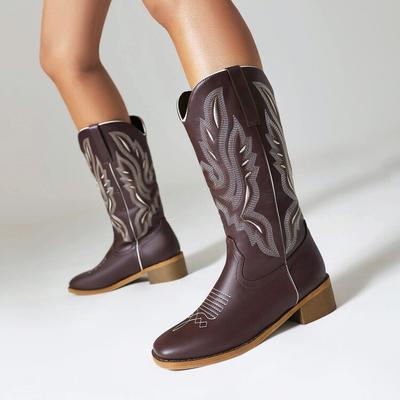 Мужские ковбойские сапоги в западном стиле, зимние ботинки с вышивкой, рыцарские сапоги с V-образным вырезом, полусапоги с квадратным носком, женские