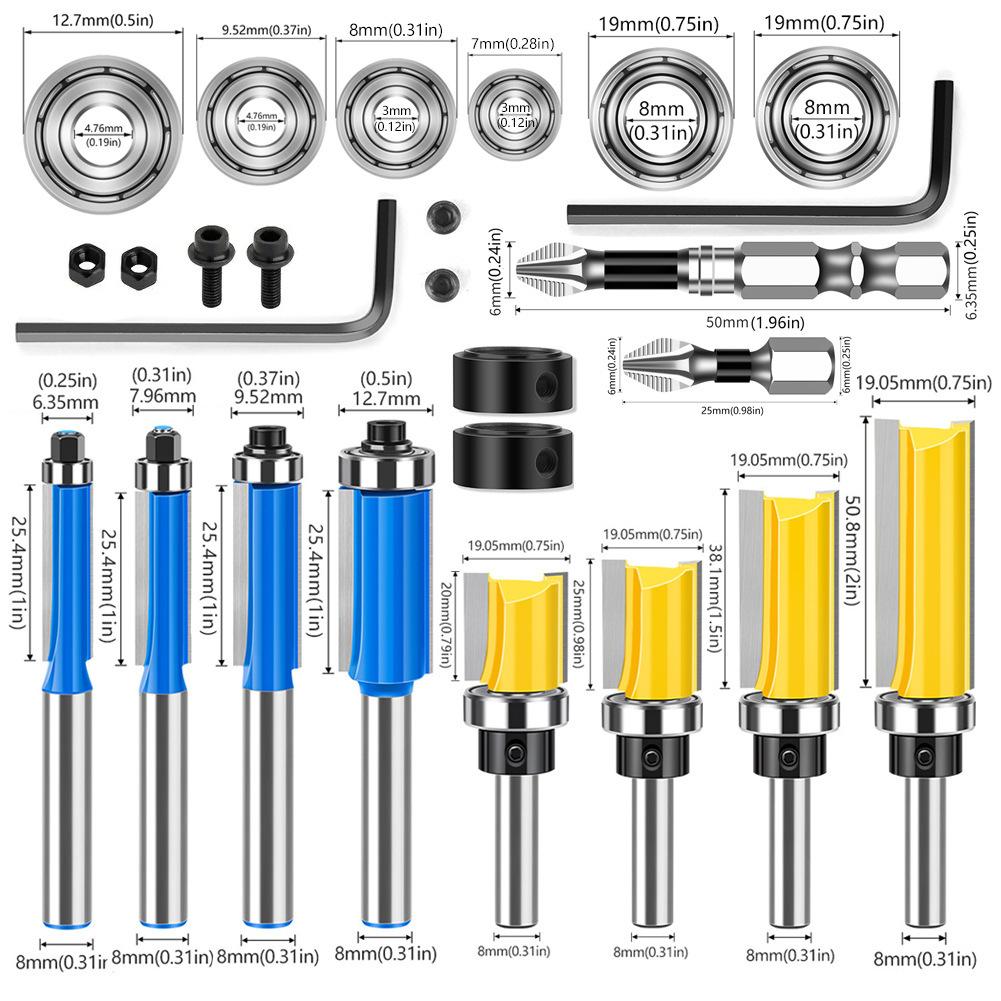 26 Pcs/set 8mm Handle Woodworking Milling Cutter Double Bearing Trimming Straight Cutter Countersunk Drill Alloy Cutting Head
