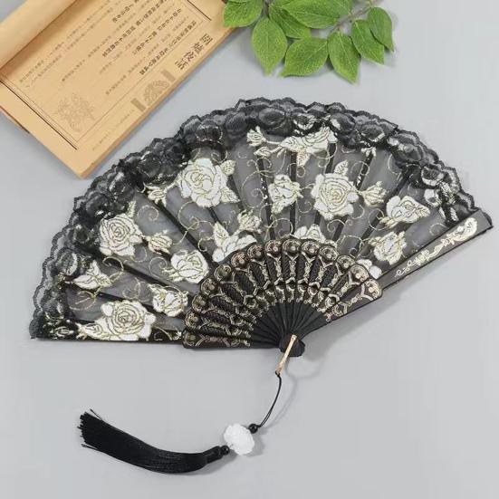 Rose Lace Folding Fan with Tassel Vintage Wedding Dance Performance Photo Props Portable Summer Hand Held Fan Party Supplies Gift