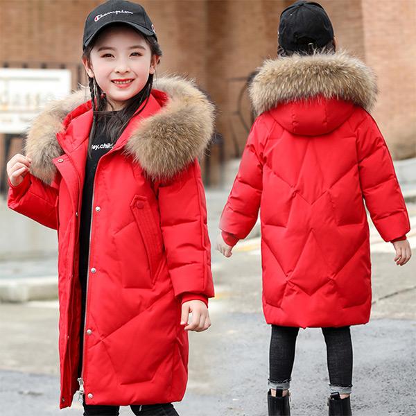 Новая модная детская теплая пуховая куртка Зимняя для девочек с меховым воротником Белый утиный пух Длинная куртка 120-170 см