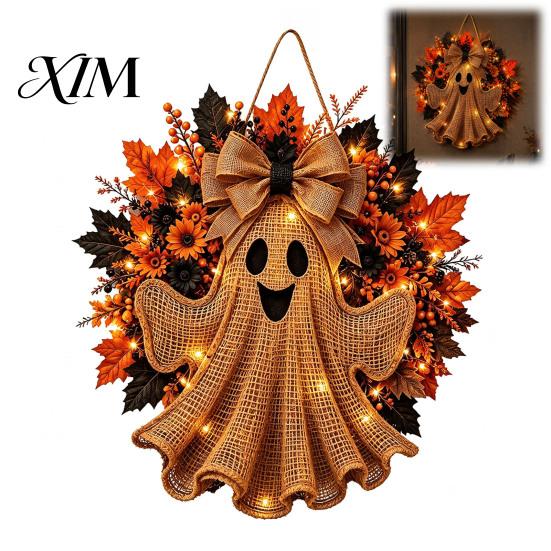 Autumn Thanksgiving Gift Ideas Rustic Halloween Ghost Wreath for Front Door, Farmhouse Burlap Hanging Artificial Maple Leaves Daisy Berry with Leaves,