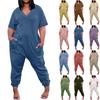Women's Plus Size Loose Casual Short Sleeve V-Neck Solid Pocket Jumpsuit