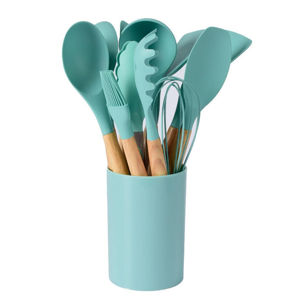 12 шт./набор силиконовых кухонных принадлежностей с держателем, деревянной ручкой, антипригарным покрытием, набор кухонных принадлежностей, термостойкая посуда, инструменты для приготовления пищи