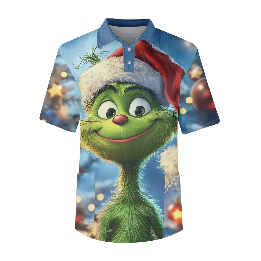 Men's Short Sleeve Button Lapel Christmas Print Chest Pocket Dry-nurse Top