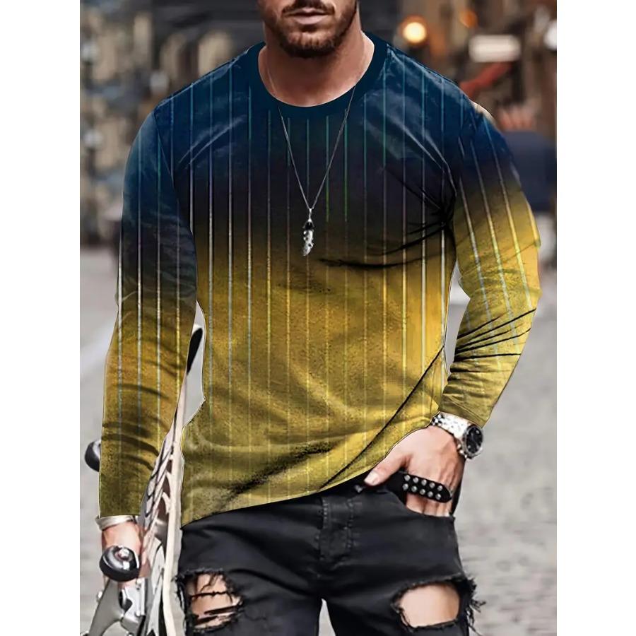 Gradient Color Stripe Long Sleeve Novelty Crew Neck T-Shirt Soft Slight Stretch Polyester Contrast Collar All Over Print Design
