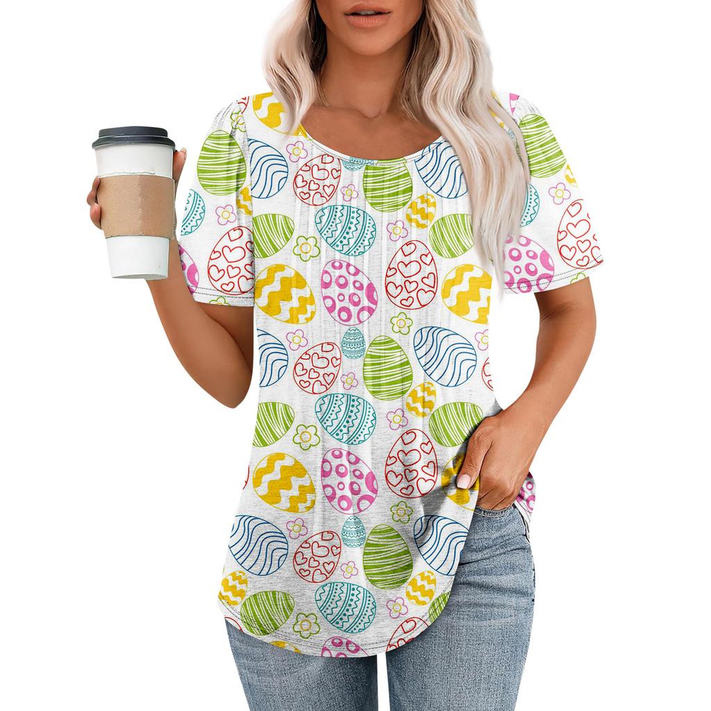 Ladies' Easter Printed Casual Pleated Round Short Sleeved T-shirt Top