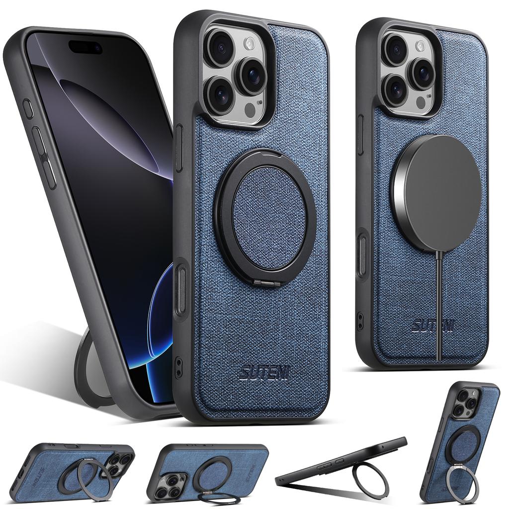 SUTENI G3 For iPhone 16 Pro Max Magnetic Case Rotating Ring Kickstand Jeans Texture PU TPU Phone Back Cover