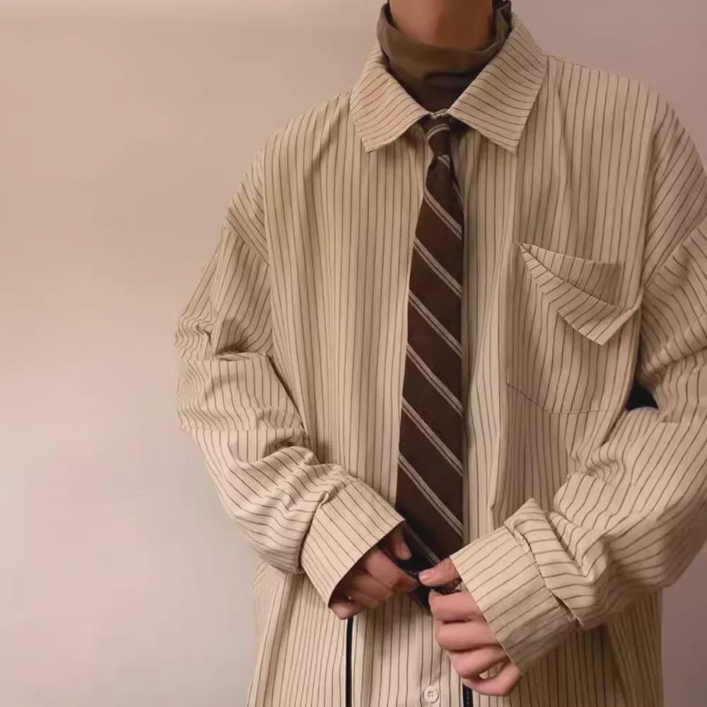 Men's Khaki Striped Shirt – Autumn Cityboy Japanese Retro Style