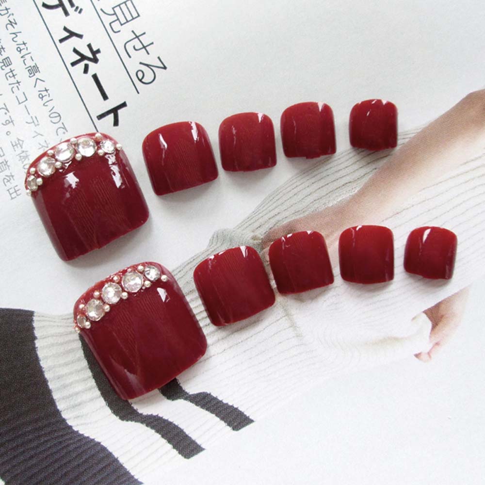 Wine Red Full Cover False Nails DIY Nail Art Tip 3D Rhinestones Fake Toe Nails Short Nails Patch