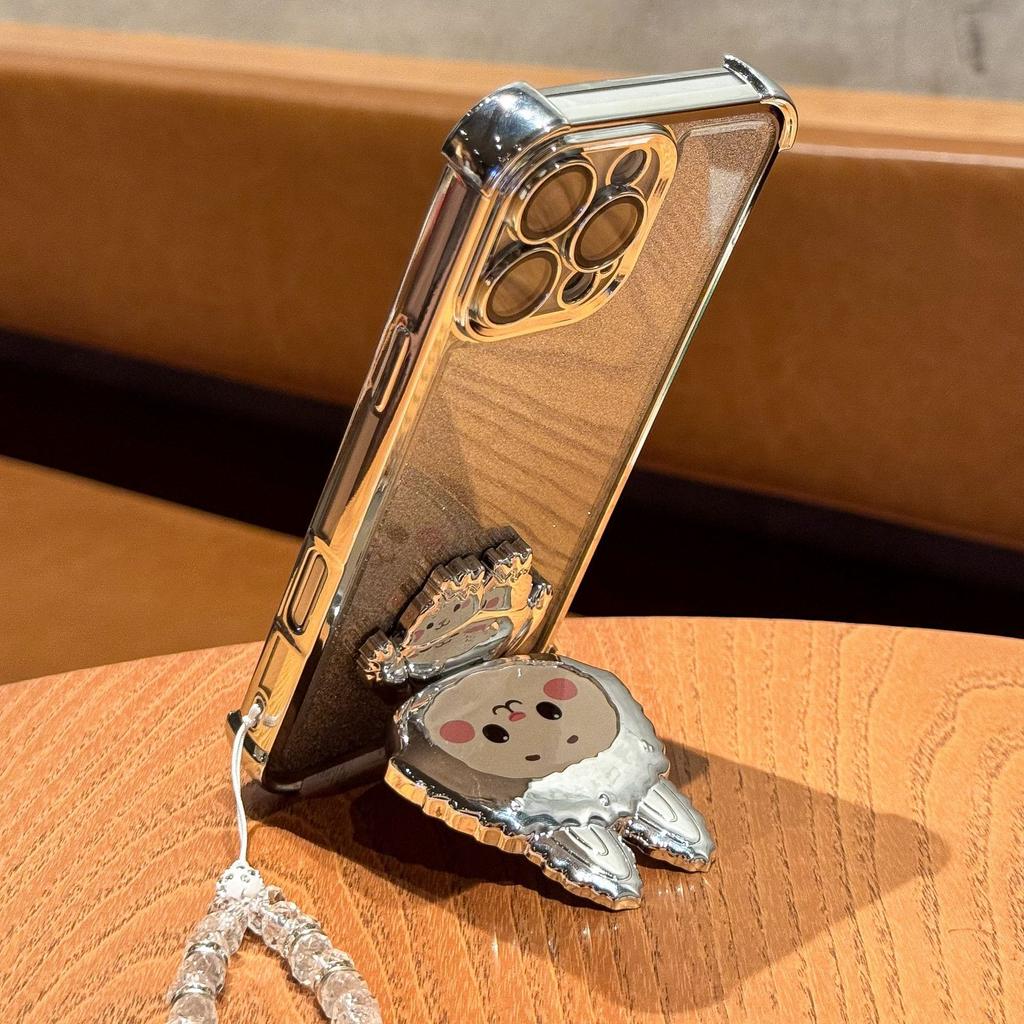 Cute Cartoon Mirror Phone Holder Glitter Gradient Plating Phone Case Cover for iPhone 17 16 15 14 13 12 11 Pro Max Plus Air