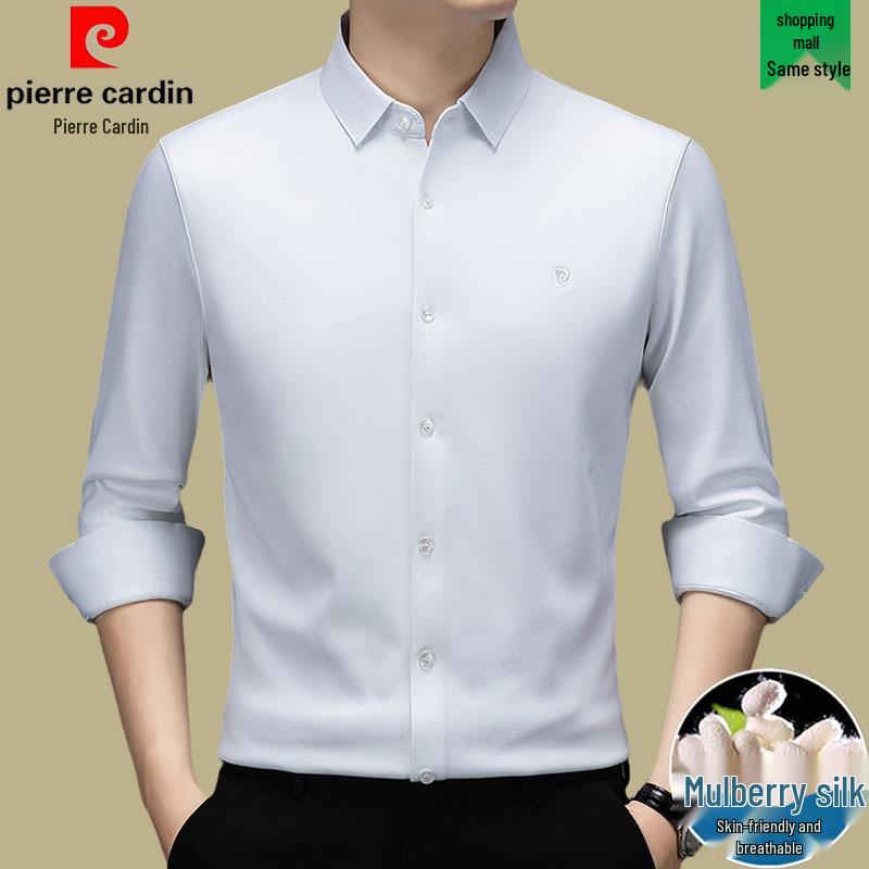 Мужская рубашка Pierre Cardin с длинным рукавом из шелка-тусса (mulberry silk) - Не требует глажки, С начесом, Высококачественный business casual для осени/зимы