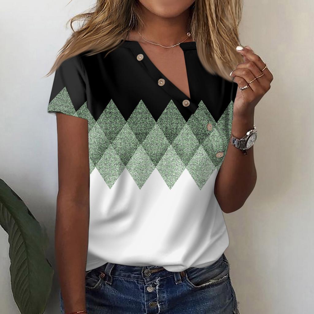 Жен. Футболка Футболка С принтом Пуговицы С короткими рукавами Повседневные Выходные Мода V-образный вырез Обычный Топ