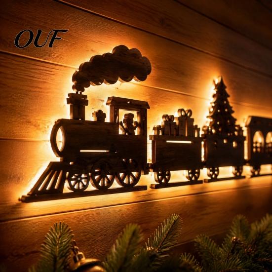 Modern Farmhouse Holiday Light Christmas Train LED Backlit Wall Light, Wooden Xmas Silhouette Decor with Rustic Wood Craft Warm Glow, Sign for