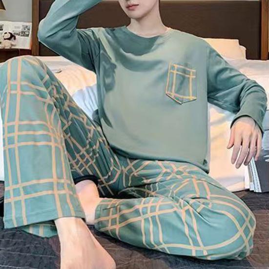2 шт./компл., мужской пижамный комплект, весенне-осенний комплект с круглым вырезом и длинным рукавом, клетчатый топ с буквенным принтом, длинные брюки с эластичной резинкой на талии, комплект мужской пижамы, домашняя одежда