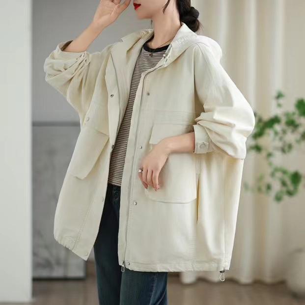 Johnature Woman Autumn Solid Color Hooded Drawstring Long Sleeves Coat Loose Casual Splicing Zipper Coat