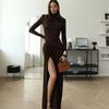 Women's Autumn and Winter Fashion Temperament High Neck Long Sleeve Slim Slit Dress