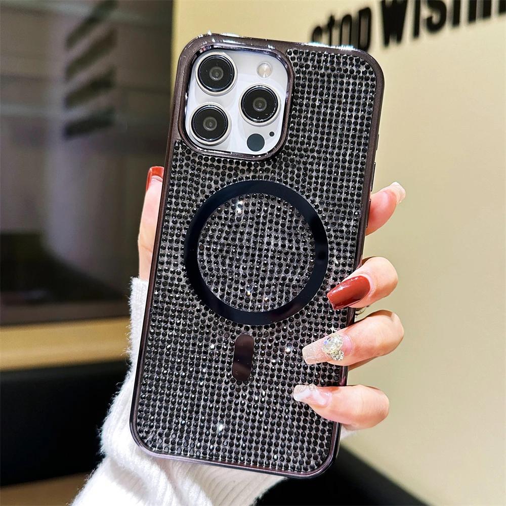 Магнитный чехол с лазерным блеском и стразами Magsafe для iPhone 15 11 12 13 14 Pro Max Plus, чехол для зарядки