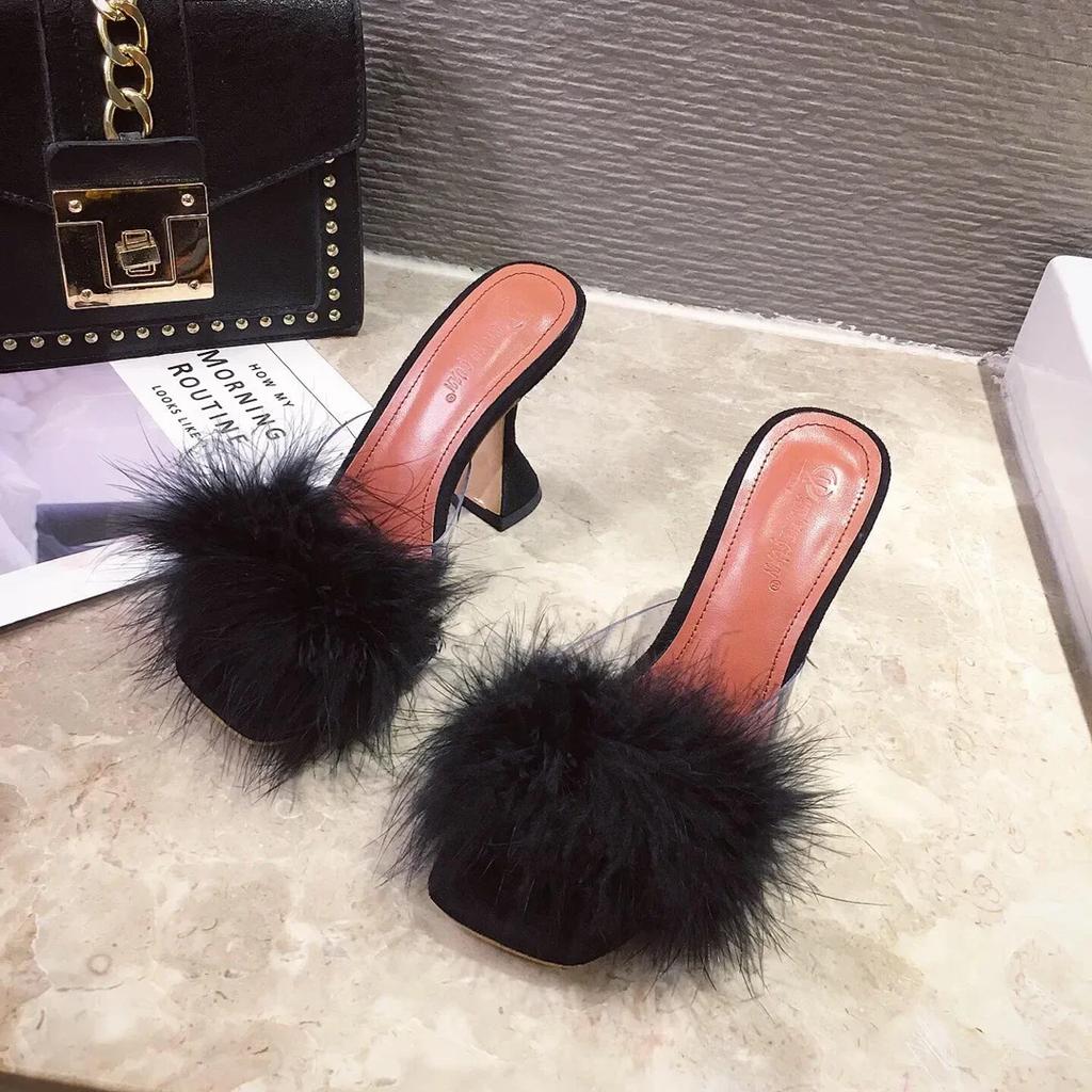 Тапочки Maogu, перья, ПВХ, прозрачные, высокие каблуки, меховые сандалии, открытый носок, каблук-шпилька, женские шлепанцы, женские летние новые мюли 41