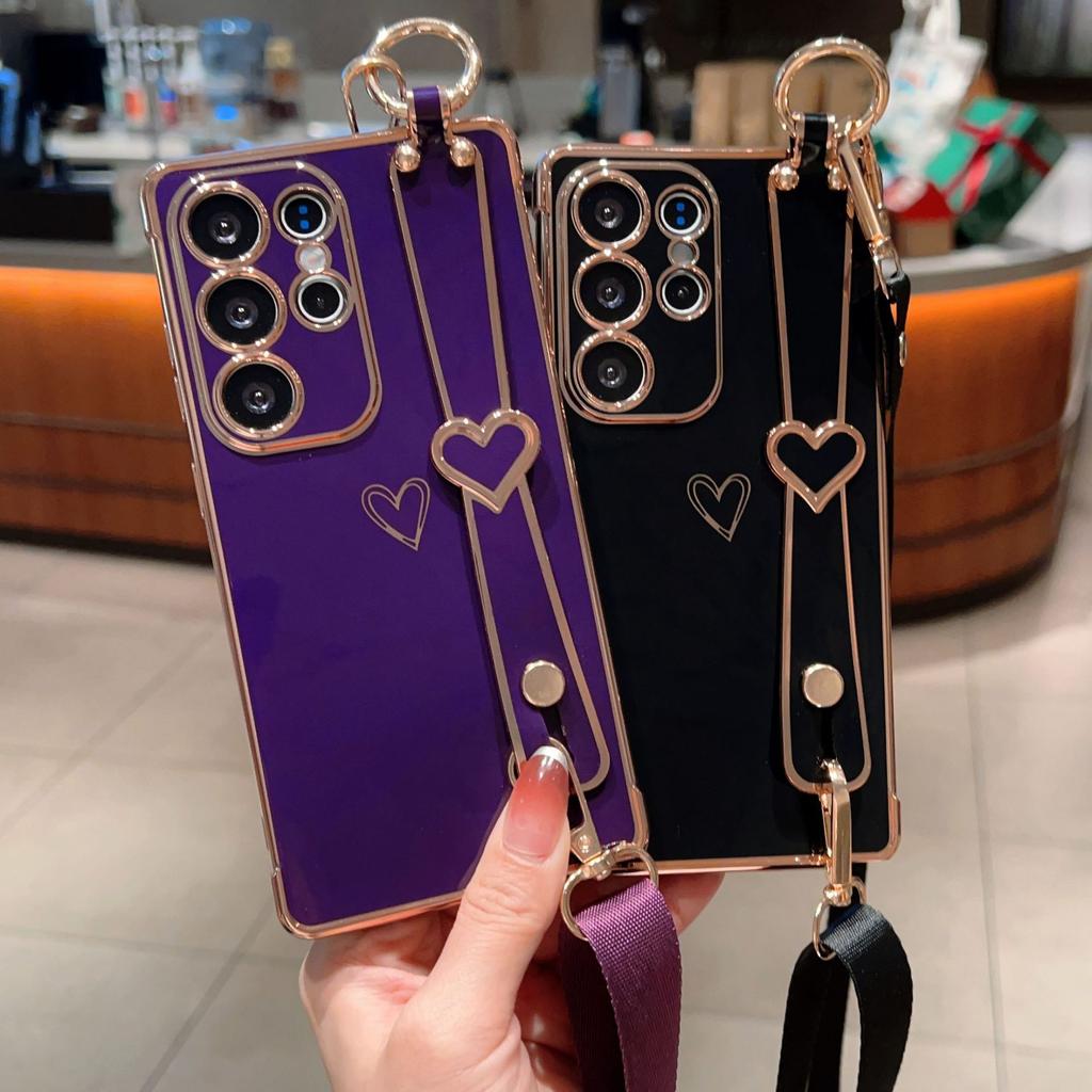 Гальваническое покрытие Любовь Подходит для чехла для мобильного телефона Samsung S25 Ultra S24FE Ремешок на запястье Подставка Шнурок A56 Защитный чехол