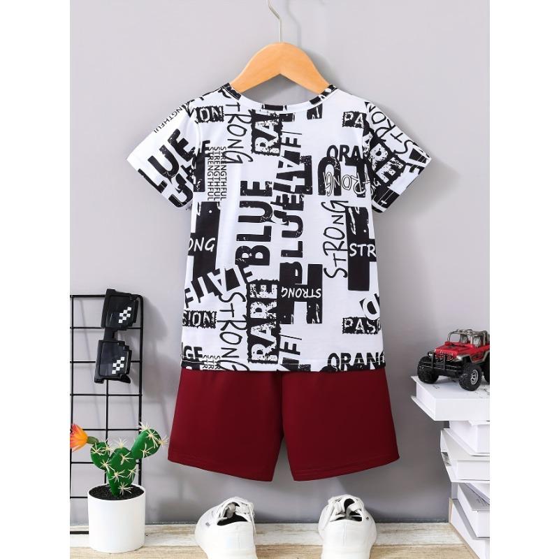 2pcs Boys Casual Stylish Letter Print Comfortable Versatile Short Sleeve T-shirt Shorts Set Summer Clothes