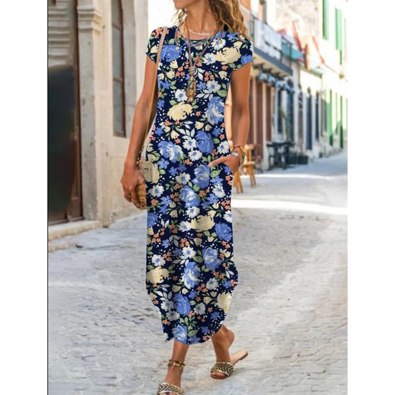 Женское летнее длинное платье с круглым вырезом и коротким рукавом с карманом реглан и цветочным принтом