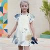 Little Girls Round Neck Flutter Sleeve Leaf Printed A Line Flared Dress