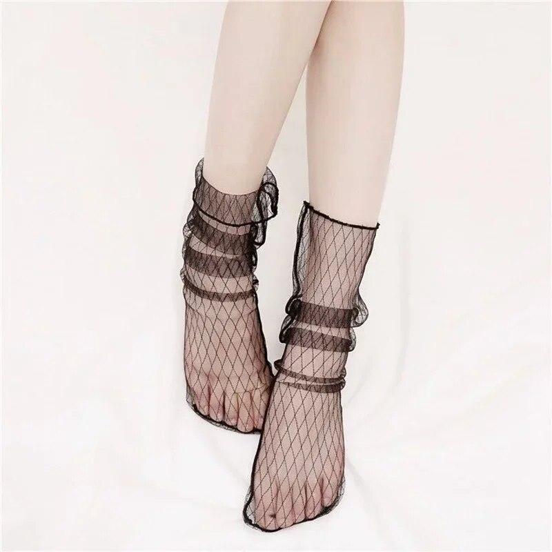 1pair Sexy Star Dot Lace Socks Women Transparent Mesh Ankle Socks Ladies Ultra-Thin Princess Tulle Socks Female Streetwear Socks