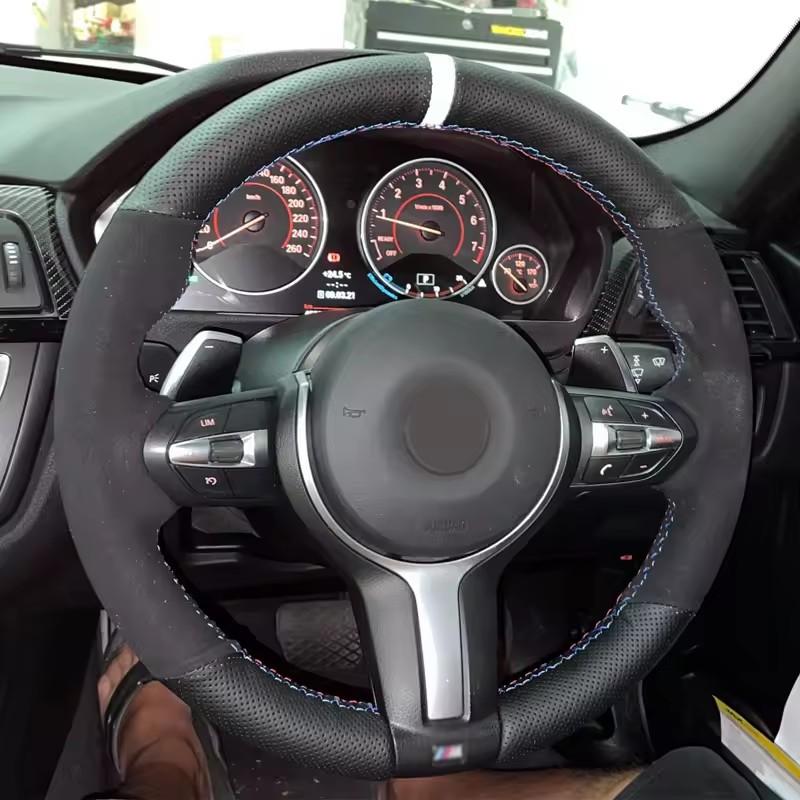 Black Suede Leather Blue Marker Steering Wheel Covers for BMW M2 M3 F80 F82 M4 M5 F12 F13 M6 F85 F87 X5 X6 F33 F30 M Sport