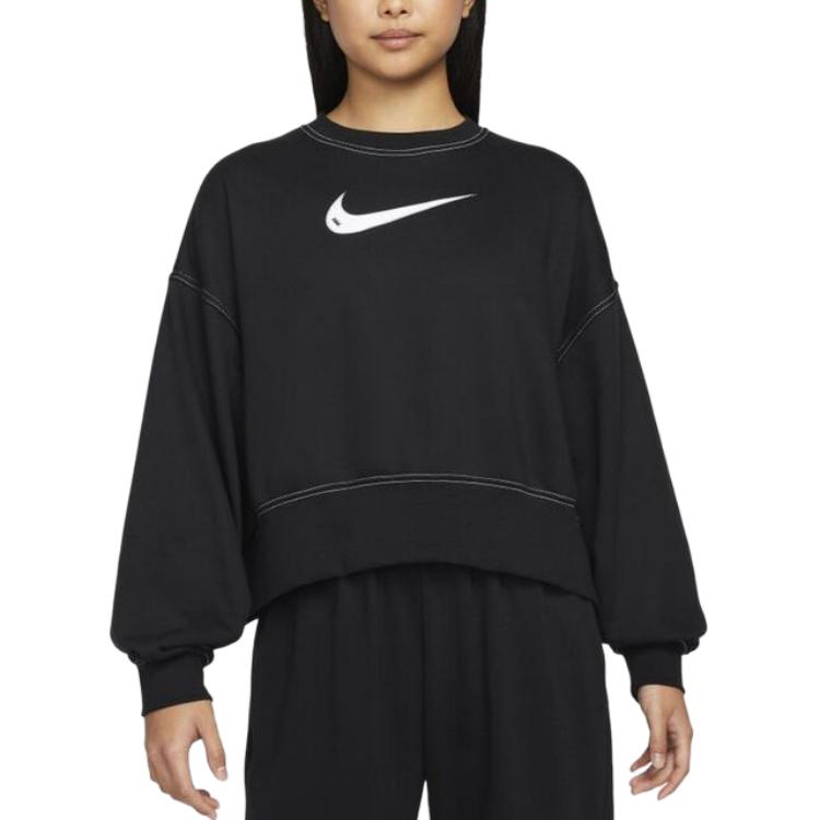 Nike Спортивная одежда с вышитым логотипом Swoosh, свободный вязаный укороченный пуловер, свитшот, женские топы, черный DO7212-010