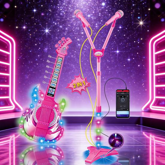 Kids Guitar Microphone Play Set Girls Pink Guitar Karaoke Machine with LED Light Music Toddlers Educational Singing Mic Musical Instrument Toy