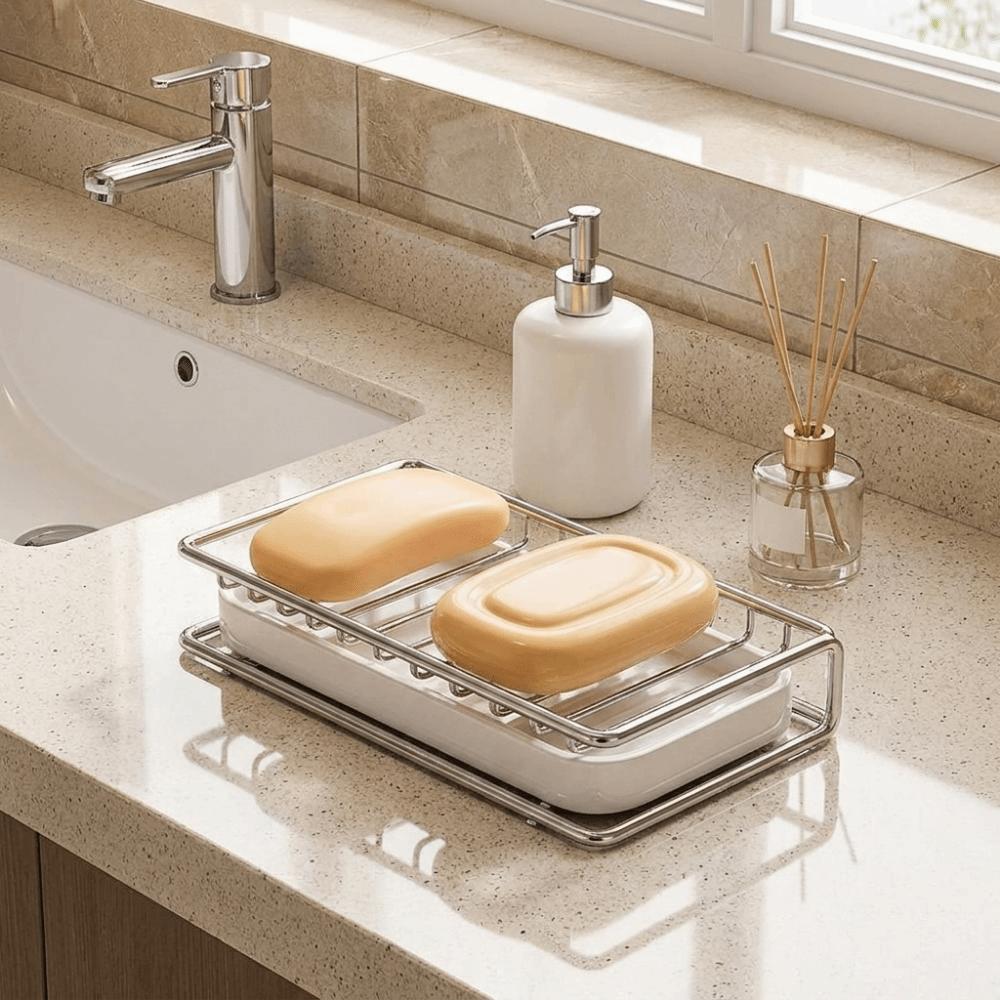 Space Saving Soap Storage Rack Stainless Steel Soap Sponge Tray Practical Sink Drain Rack Shower