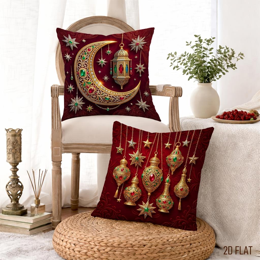 4Pcs Luxury Ramadan Cushion Cover Red Gold Moon Lantern Star Printed Pillow Case Polyester Home Decor Sofa Living Room 2D Flat