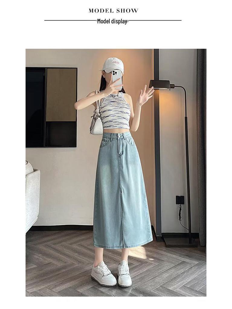 2025 Plus Size Slimming Denim Skirt - Women's Summer Thin Style with Side Slit, Hot Girl Design, Popular Mid-Length.
