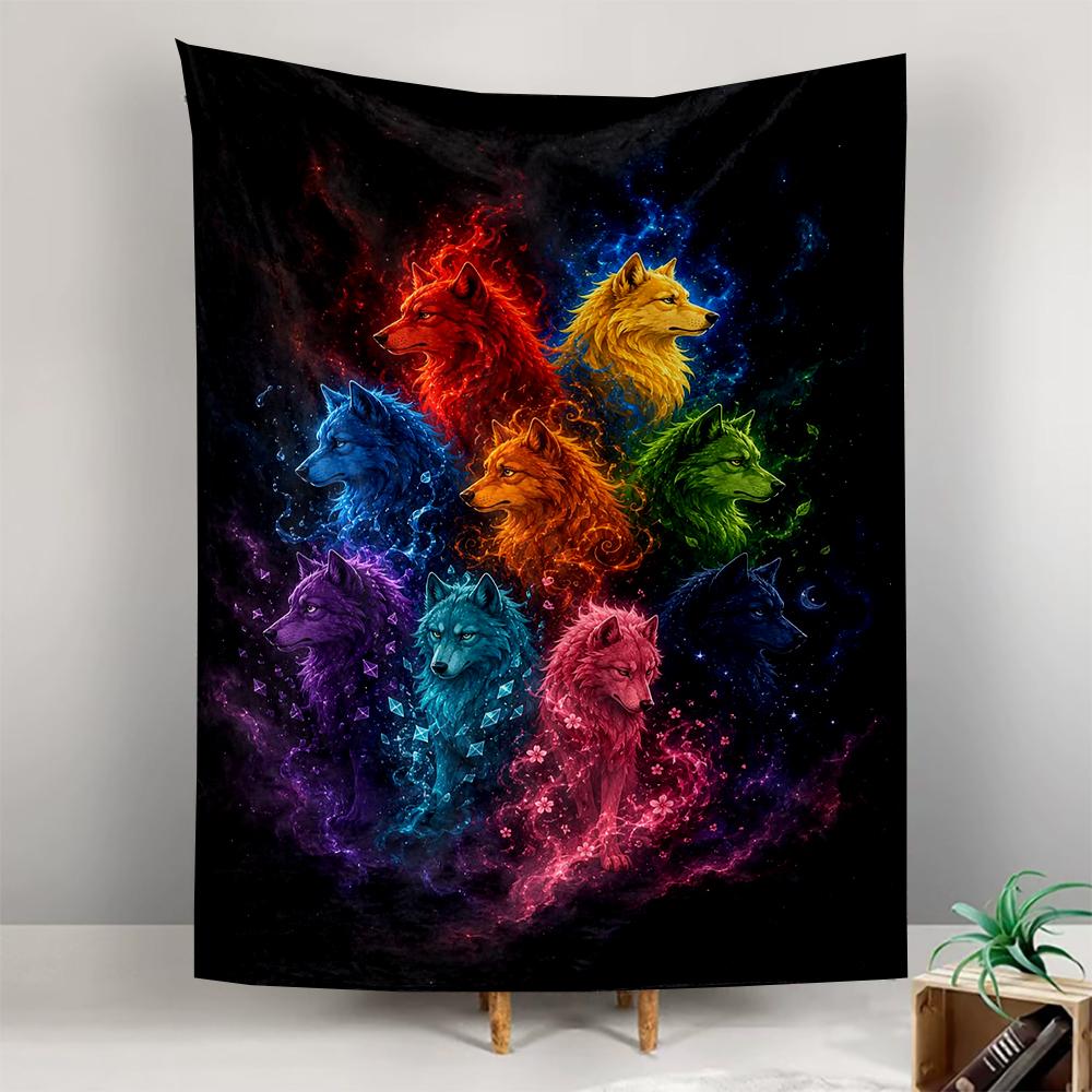 Wall Hanging Tapestry - Nine Elemental Wolves Colorful Chakra Fantasy Art for Dorm Room