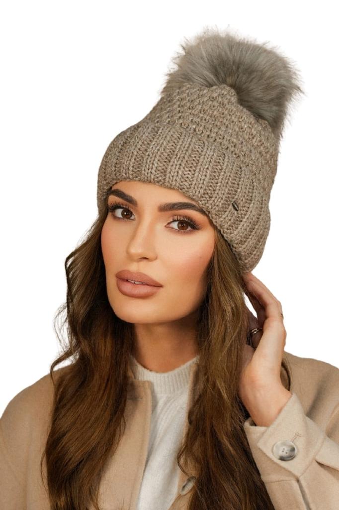 Winter Hat With Eco Pompom, Fleece-Lined, Capuccino Color, Kamea-Furja