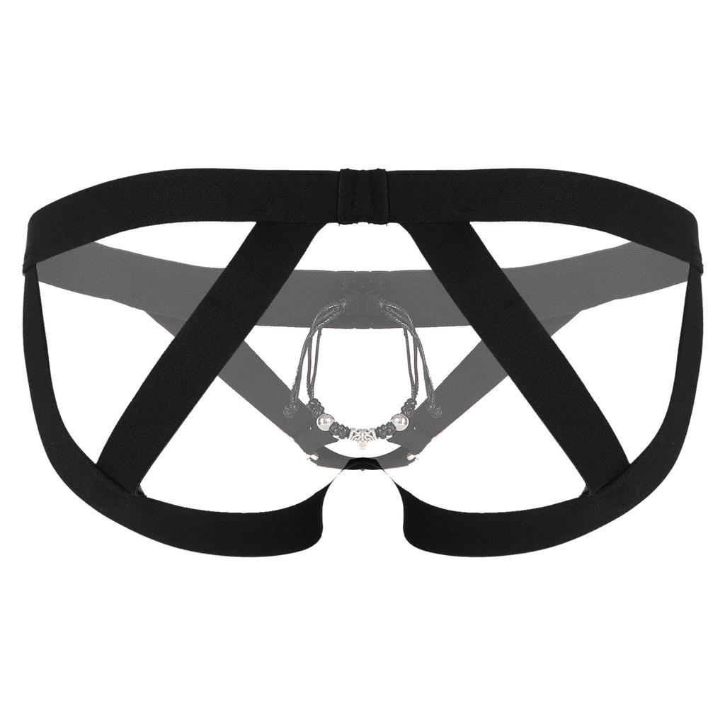 Men Crotchless Strappy Thongs O-ring Bead Decor G-string Low Rise Elastic Waistband for Honeymoon
