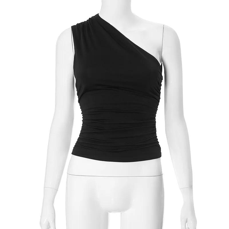 Sleeveless Diagonal Shoulder Women Vest Tops 2024 Backless Casual T-shirt Woman Solid Color Slim Fit Simple Tee Shirt 30618