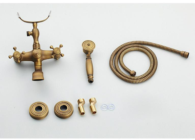 Wall-Mounted Antique Brass Bathtub Faucet with Handheld Shower Set