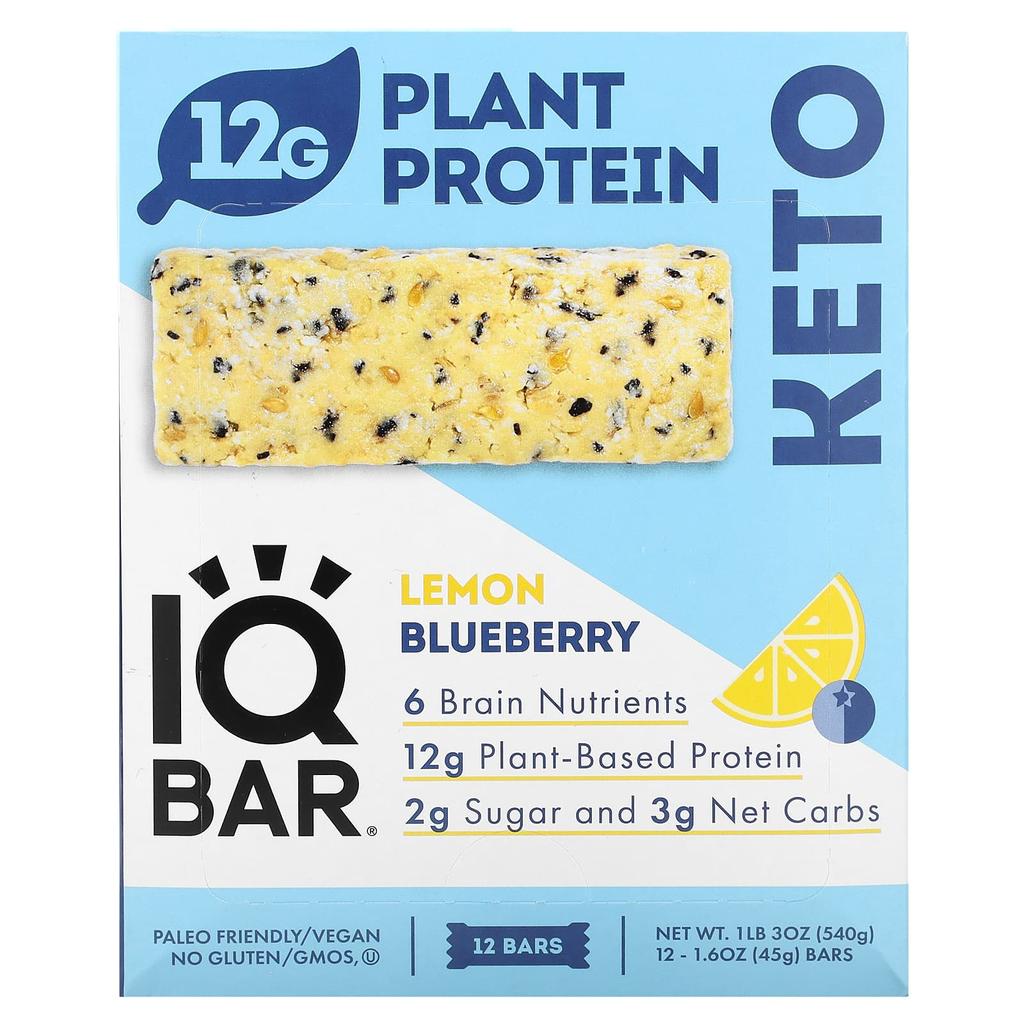 IQBAR Plant Protein Bar, Lemon Blueberry, 12 Bars, 45g (1.6oz) Each