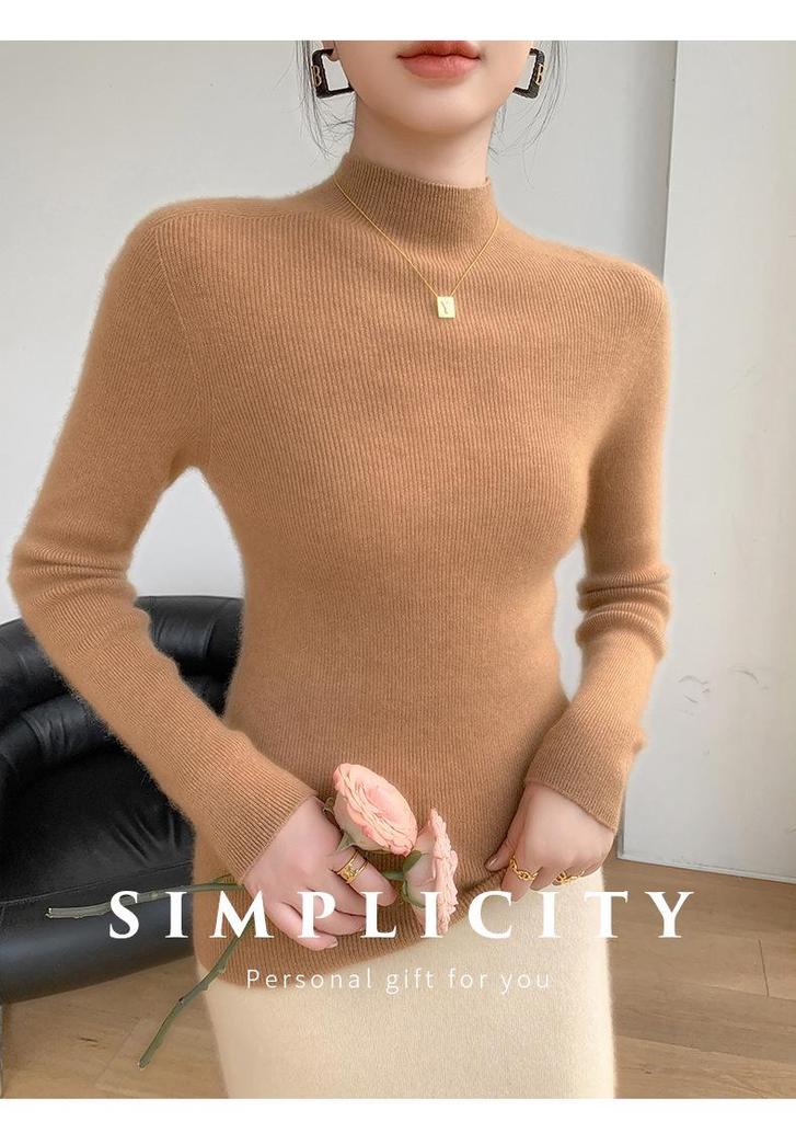 Women's Ribbed Cashmere Sweater: Half-High Neck, Slim-Fit, AW24 Collection, Warm Wool Knit Base Layer.